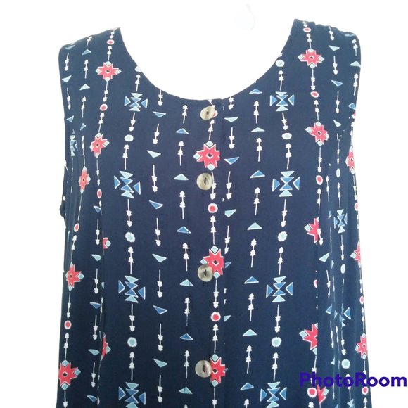 Vtg Y2K Koret Blue Geometric Print Midi Shift Dress Plus Size 1X Sleeveless - Picture 2 of 6